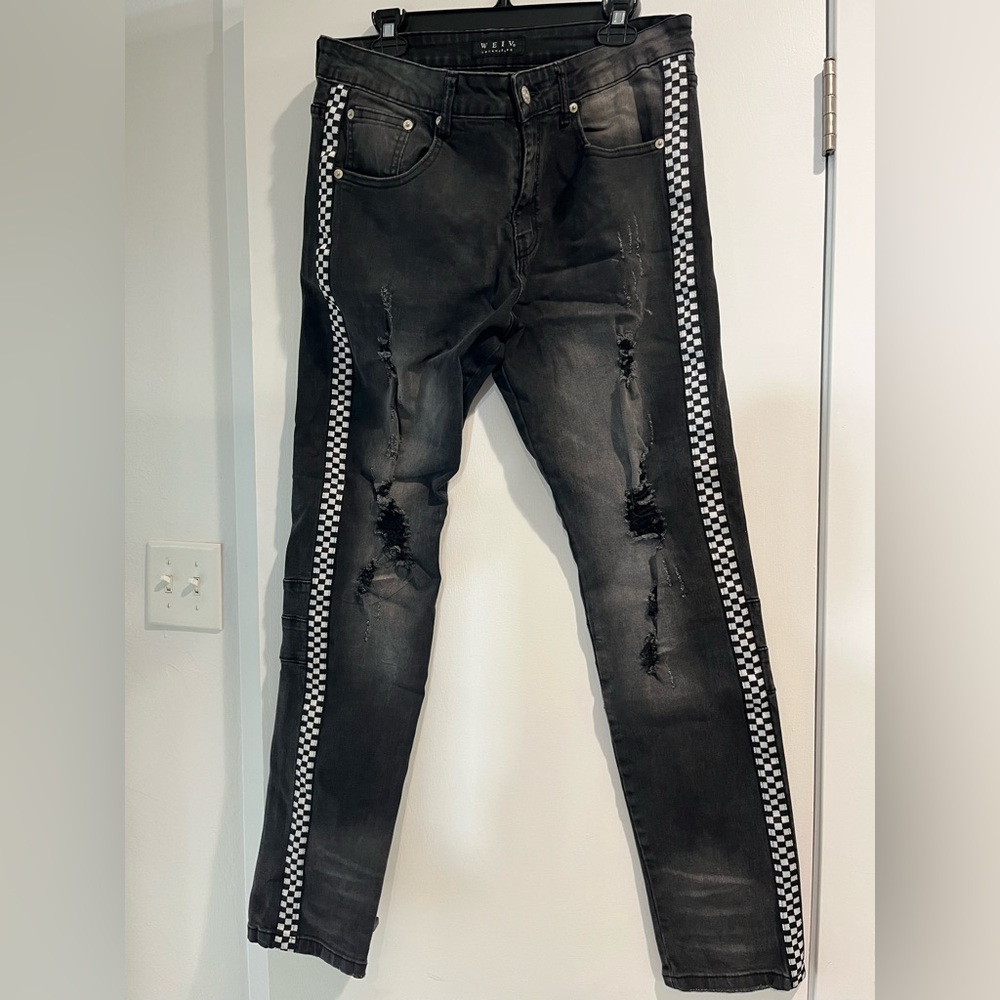 WEIV Men's Distressed Black Skinny Jeans with Checkered Stripes Size 34